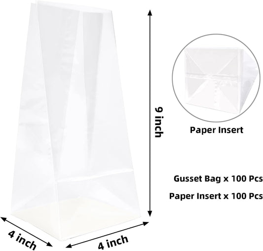 Yotelab Flat Bottom Cellophane Bags, 4x4x9 Inches Gusseted Cellophane Bags With Paper Insert,100 Pieces
