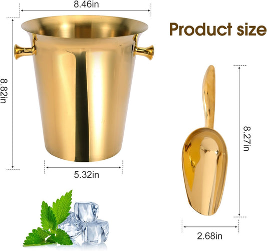 5 Liter Outdoor Gold Ice Bucket with Scoop, Stainless Steel Ice Bucket, Cocktail Bar Wine Party Beverage Cooler, Champagne Bucket,Home Bar Accessory - (Gold)