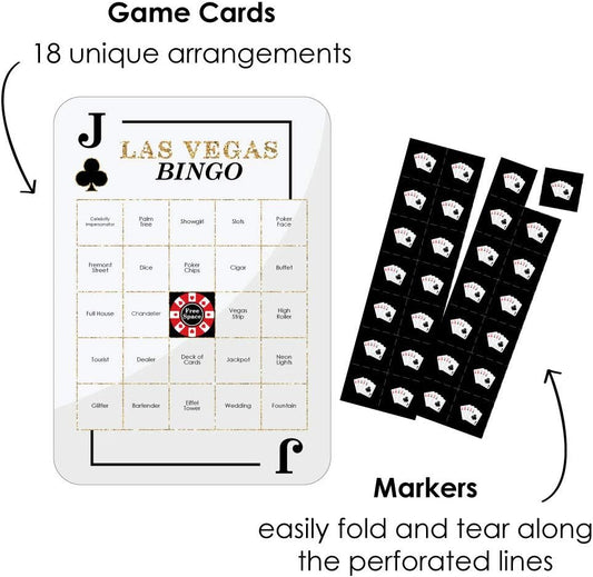 Big Dot of Happiness Las Vegas - Bar Bingo Cards and Markers - Casino Party Bingo Game - Set of 18