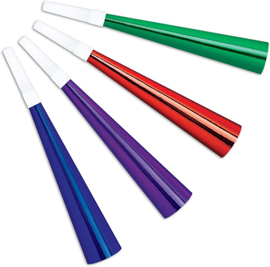 Beistle 16 Piece Shiny Assorted Colors Horns Happy New Years Noisemakers Birthday Party Favors, 9", Multicolored
