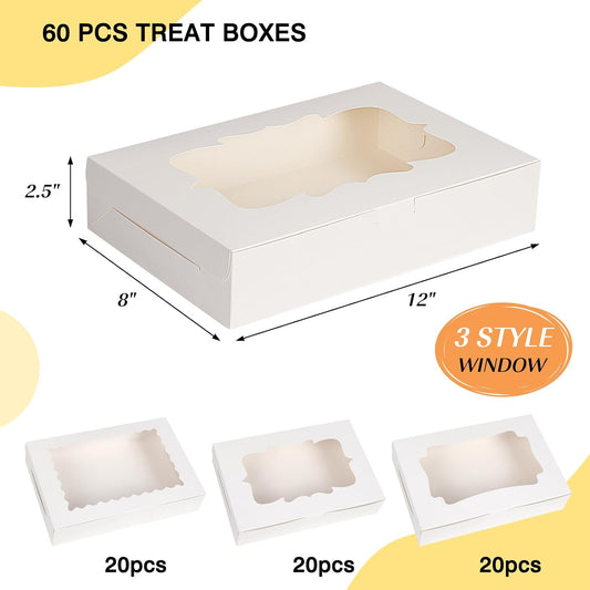TOMNK 60pcs Cookie Boxes, 12x8x2.5 Inches 3 Style Bakery Boxes, Treat Containers with Window for Candies, Chocolate Strawberries, Cakes, Muffins, Donuts