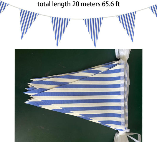 20 Meters 66ft Blue and White Stripes Pennant Bunting Striped Banner, Double Sided Fabric Triangle Fags Garlands Party Decorations for Birthday Baby Shower