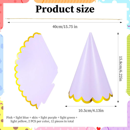 6pcs Pastel Party Hats, Colorful Cone Birthday Party Hat, Gold Stamped Kids Party Hats with Elastic Cords for Adults & Kids, Birthday Baby Shower Bridal Celebration Party, 6 Colors