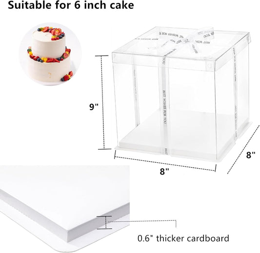 6 Pack Clear Cake Box, Transparent Cake Box for 2 Tiered Cake, 8x8x9Inch Tall Cake Carrier Box with Sturdy Board for Bakery Dessert Bread Pastry Birthday Parties Wedding Graduation