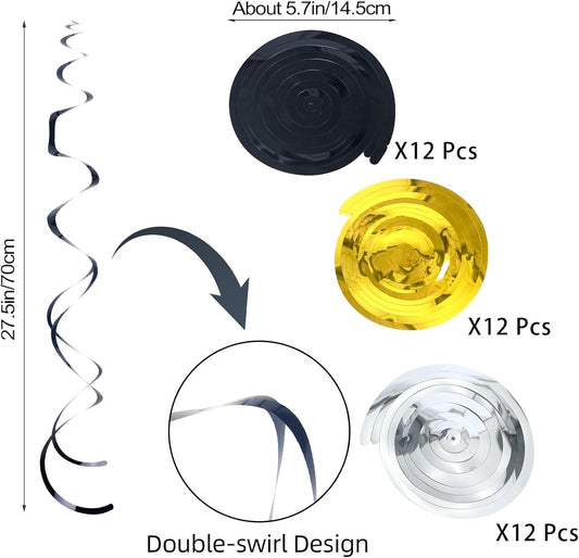 36Pcs Hanging Swirl Party Decorations Foil Decorations Ceiling Swirl Spiral Hanging Plastic Streamer for Ceiling Birthday Graduation Wedding Celebration Baby Shower Party Supply (Black Gold Silver)