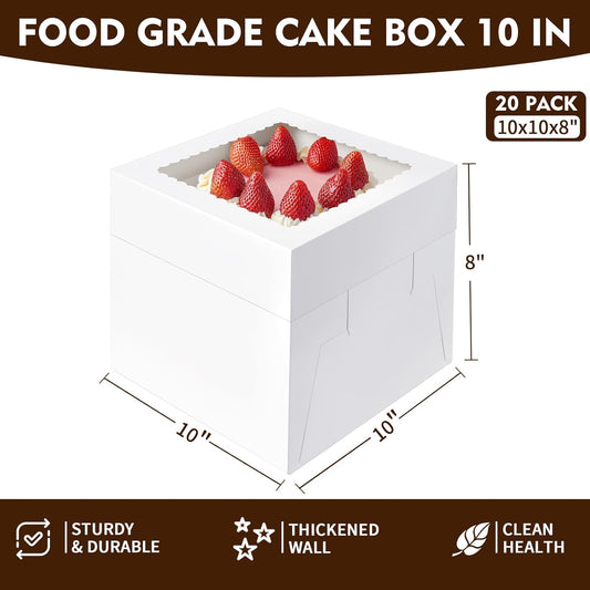 20 Pcs Cake Boxes, 10x10x8 Inch Tall Cake Box with Window, White Cake Boxes 10 Inch, Large Square Cake Box, Disposable Bakery Boxes for Cake Pastry Desserts Cookies Pies Wedding Birthday Party