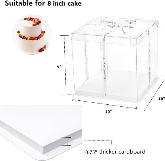 6 Pack Clear Cake Box, 2-Layer Transparent Cakes Box with Ribbon, 10" X 10" X 9" Tall Cake Carrier Boxes with Sturdy Board for Bakery Dessert Bread Pastry Birthday Parties, Wedding Graduation