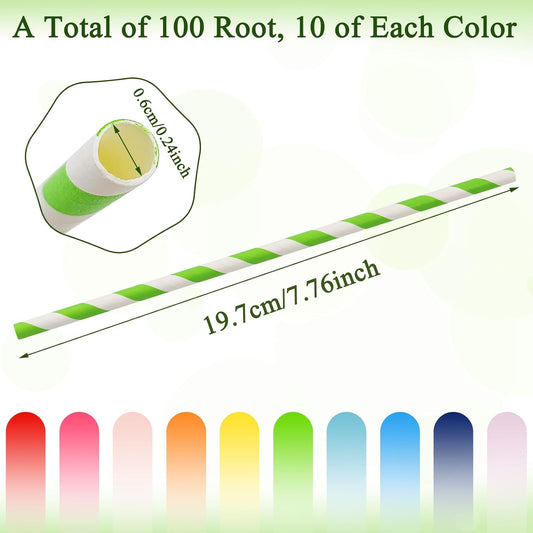 100 Pcs Biodegradable Paper Straws, Assorted Rainbow Colors Striped, 10 Colors for Drinks, Parties, Crafts