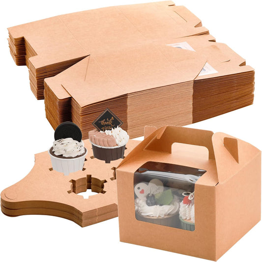 Jucoan 40 Pack Cupcake Boxes, 4 Count Kraft Paper Cupcake Carrier Holder Container with Window, Insert and Handle for Muffin, Gable Party Favor Treat Boxes for Wedding, Birthday, Mother's Day