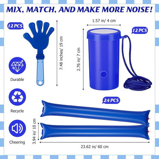48 Pcs Cheering Noisemakers Set Included 12 Pcs Mini Air Horns Noisemakers 12 Hand Clappers 24 Thunder Sticks for Birthdays Sporting Events (Horn,Blue)
