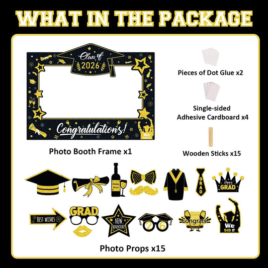 Graduation Decorations Class of 2026 Photo Booth Props - Blue and Gold 2026 Graduation Frame & Photo Props Congrats Grad Class of 2026 Decor for Graduation Party Supplies
