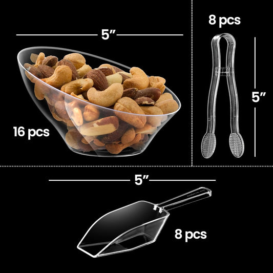 Clear Plastic Candy Bowls 6 oz (32 Pcs Set) - 16 Angled Bowls w/ 8 Scoops & 8 Tongs, Hard Disposable Candy Bar Containers for Buffets, Ice Cream Sundae Dessert Supplies, Toppings & Party Serving Cups