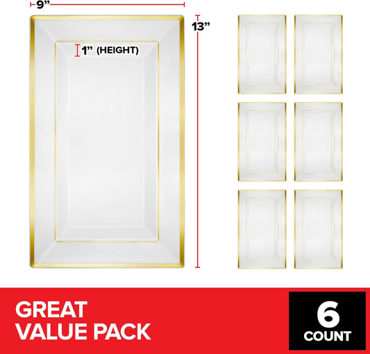 (12 Pcs) Premium White and Gold Plastic Serving Tray, Plastic Serving Platter Disposable, White Rectangle Party Trays and Platters for Fruit, Dessert, Cookies, Appetizers, Holiday Parties