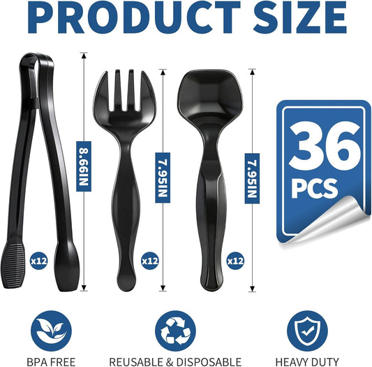 36 Pcs Plastic Serving Utensils Set, 9'' Heavy Duty Disposable Serving Spoons, Forks & Tongs, Large Black Party Serving Supplies for Buffet, Restaurant, Catering, Salad, Pasta & Soup