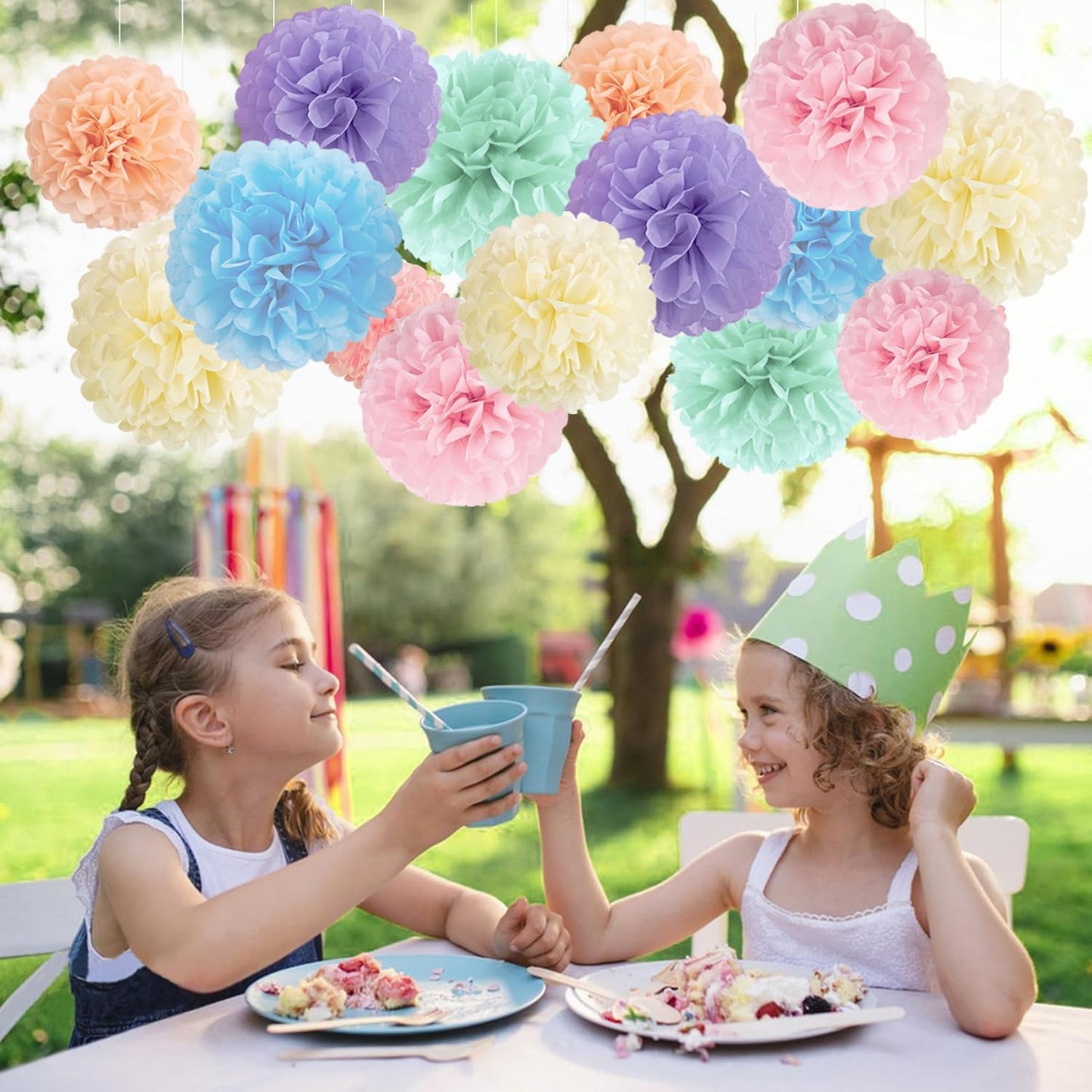 16PCS Pastel Paper Tissue Pom Poms Decoration Macaron Rainbow Candy Ice Cream Easter Paper Flower Balls Wall Hanging Decor for Birthday Wedding Spring Pastel Decoration