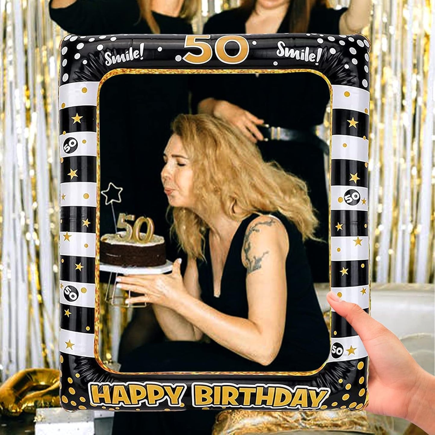Andiker 40th Inflatable Birthday Selfie Frame, Black Gold Photo Booth Props Funny Picture Frame for Party Decorations