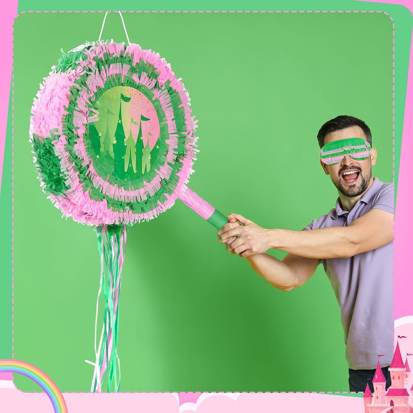 Soulchen Witch Piñata 14.2'' Pink and Green Piñata Game Set with Stick and Blindfold Princess and Witch Party Favor Pink and Green Party Decor for Birthday Quinceañera Baby Shower Movie Supplies