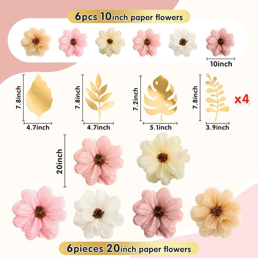 Geyee Large Colorful Tissue Paper Flowers 20" 10" Giant Mexican Fiesta Paper Pom Poms and Leaves, Crepe Flowers Craft for Wall Backdrop Birthday Party Wedding Decor(Cute Color)