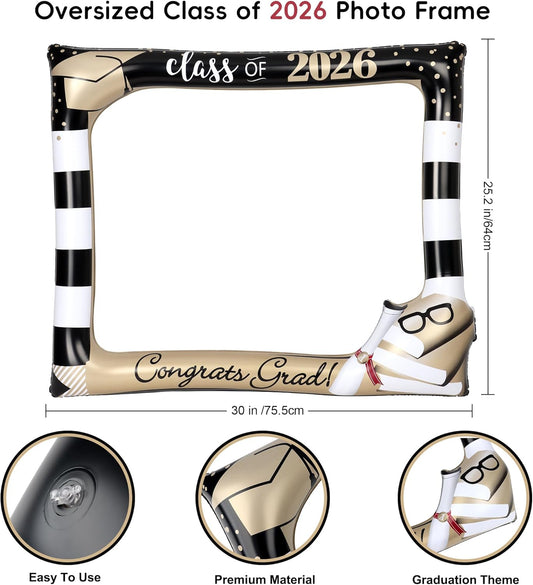 POPGIFTU Class of 2026 Graduation Photo Booth Frame, Inflatable Selfie Frame 31" x 24", Black Gold Congrats Grad Photo Booth Props for Graduation Party Decorations 2026