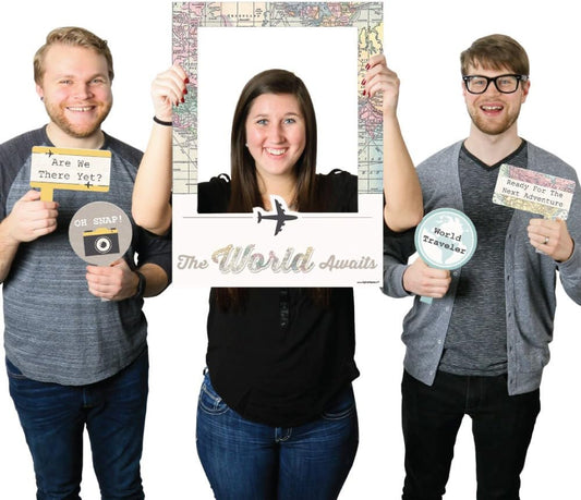 Big Dot of Happiness World Awaits - Travel Themed Party Selfie Photo Booth Picture Frame & Props - Printed on Sturdy Material