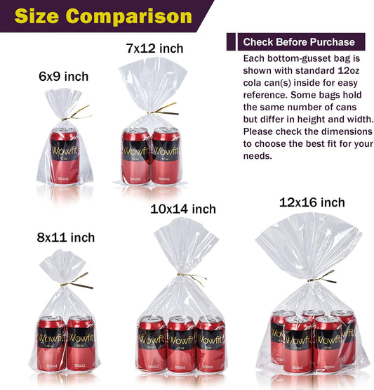 Wowfit 50 CT 8x11 inches Clear Bottom Gusset Cellophane Treat Bags with 6" Gold Twist Ties, Cello Packaging for Mugs, Dessert, Muffins, Party Favors and Gift Wrapping