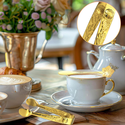 6 Pcs Mini Serving Tongs Rose Stainless Sugar Cube Tongs with Flower Spoon Coffee Teaspoon Stirring Spoon for Tea and Coffee Party, Desserts(Gold)