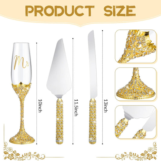 Sratte 4 Pcs Wedding Cake Knife and Champagne Flutes Server Set, Toasting Crystal Rhinestone Champagne Flutes Glasses Cake Knife Pie Server Wedding Gifts for Couple Bride Groom(Gold)