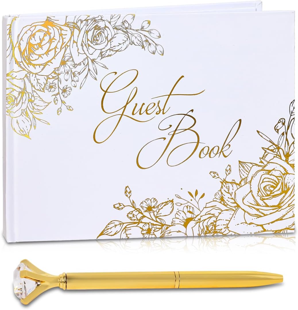 VIRIDI Wedding Guest Book with a Pen Gold,Guest Book Wedding Reception 9 × 6.7 inches, Gold Foil Hardcover GuestBook for Baby Shower, Graduation, Birthdays
