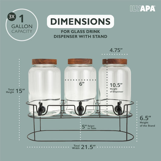 Ilyapa Glass Drink Dispenser for Parties - 3 Pack, 1 Gallon Triple Beverage Multi Drink Dispenser with Stand, Wood Tops and Black Stainless Spigots