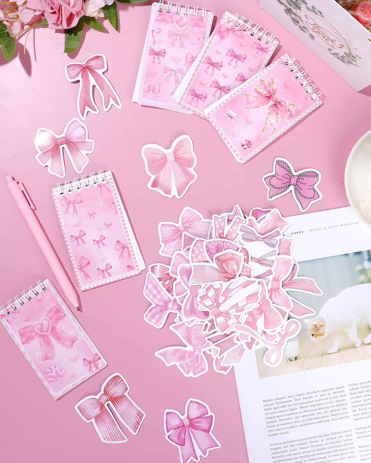 123 Pieces Bow Party Favors Coquette Pink Bow Spiral Notebook Cute Journal Ballpoint Pens Bow Stickers Set Pink Office Supplies for Bow Themed Birthday Party Supplies School Stationery Supply