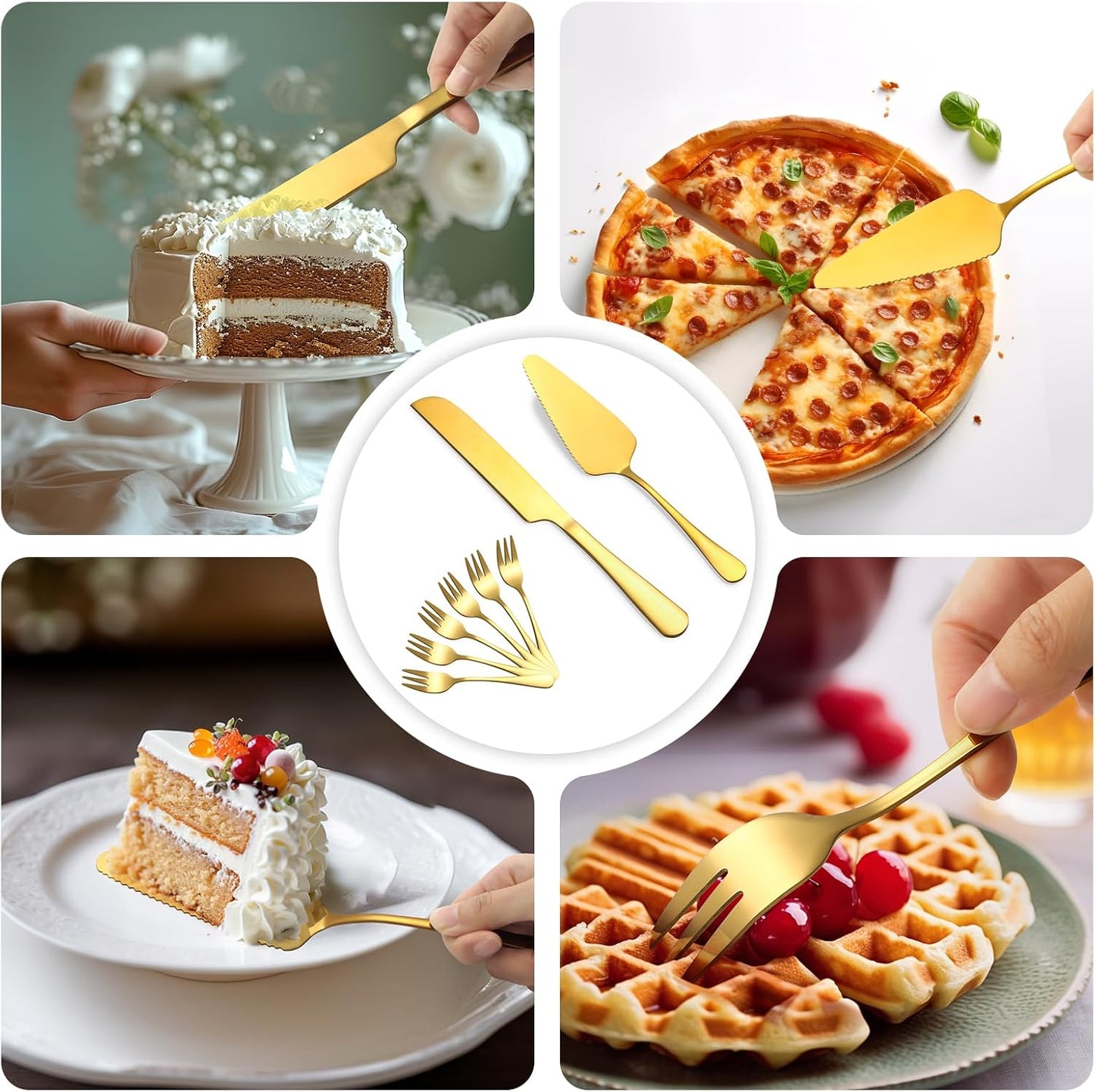 Cake Knife and Server Set with 6 Pcs Cake Forks,Wedding Cake Cutting Set for Birthday Anniversary Parties and Festival(8 PCS, Gold)