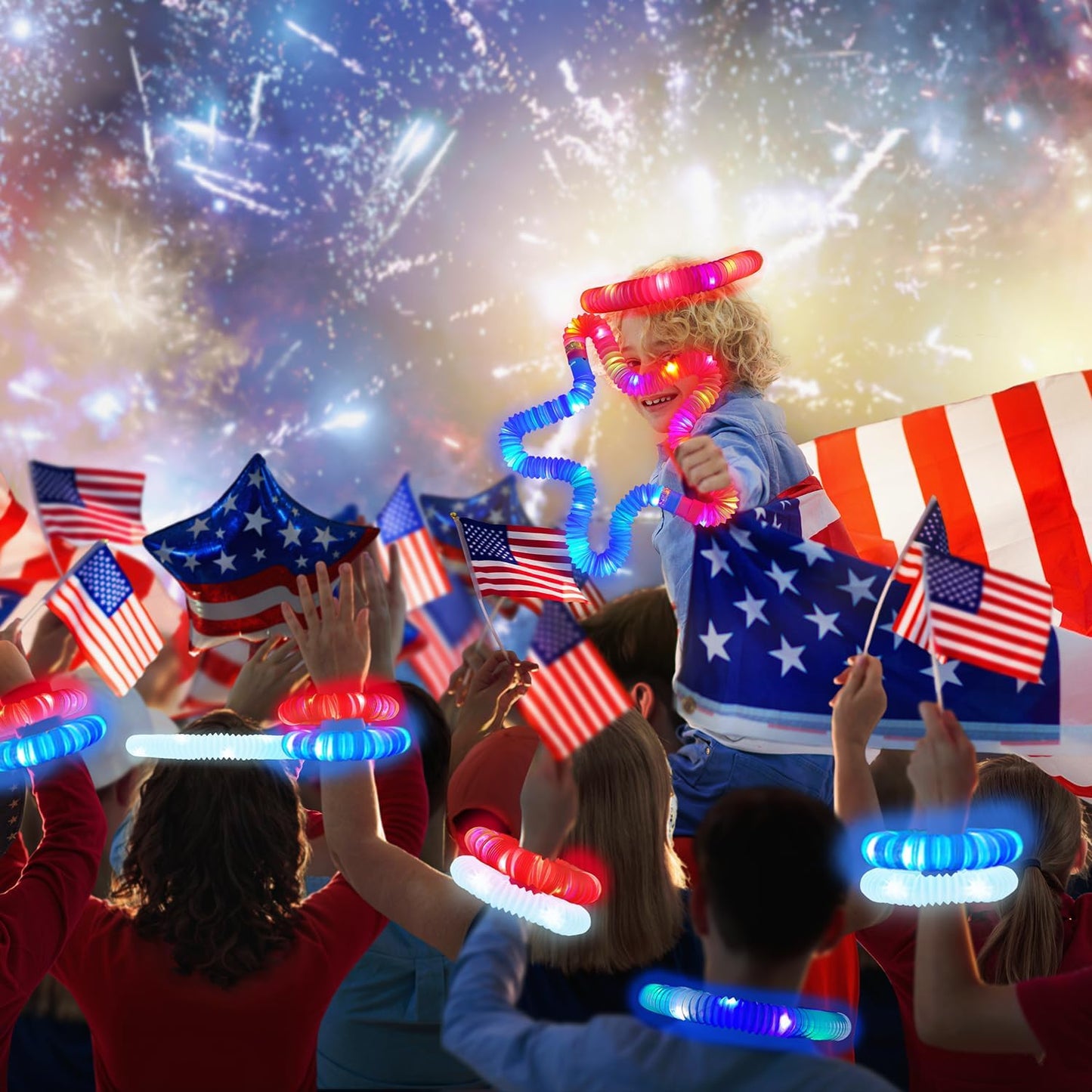 Fourth of July Glow Sticks Accessories for Kids 9 PCS, Red White Blue Light Up Pop Tubes Bracelets Necklaces Toys,4th of July Parade Throws Favors,250th Patriotic Party Supplies for Memorial Day Decor