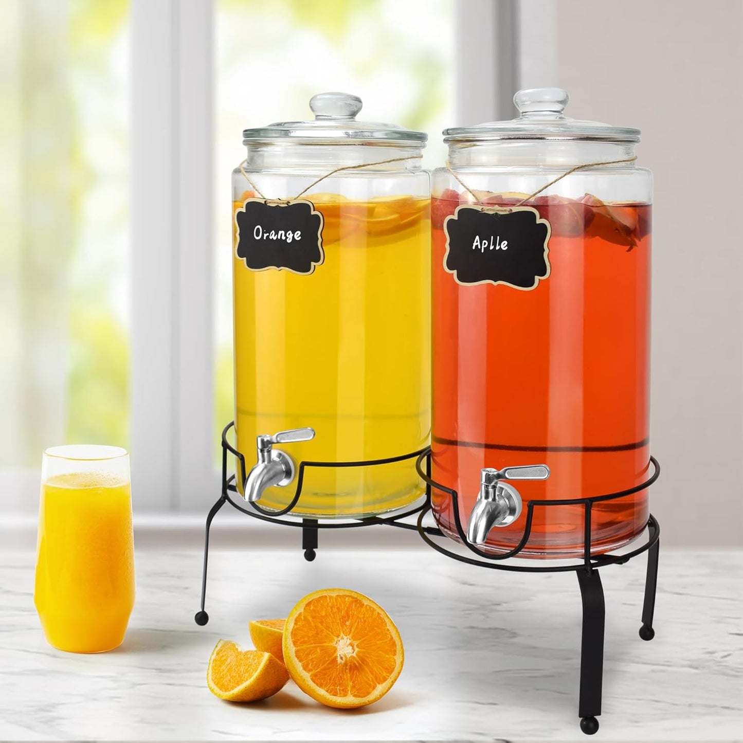 1 Gallon Beverage Dispenser 2 Pack, Stainless Steel Spigot Drink Dispenser for Parties with Stand, Clear Glass Drink Container Easy to Refill and Clean