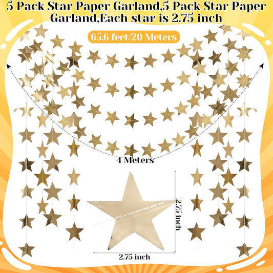 Spakon 65 Feet Glitter Star Paper Garland Banner Hanging Decoration Star Streamers Double Side 2026 Graduation Decorations for Wedding Birthday Festival New Year Party Decoration (Gold)