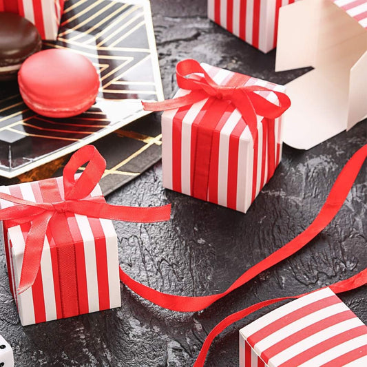 AWELL Small Candy Box Bulk 2x2x2 inch with Ribbon, Gold White Strips Box Party Favors Pack of 50