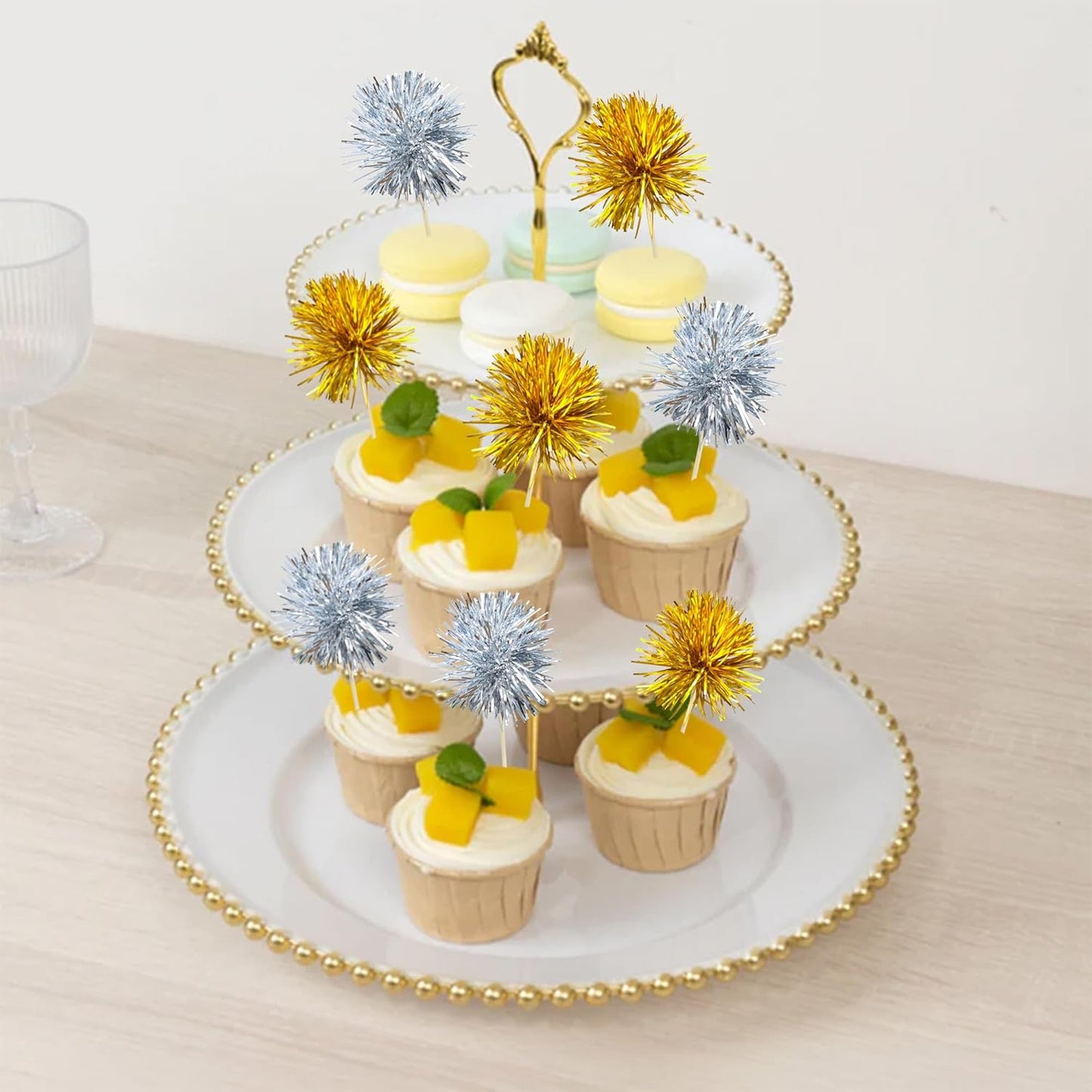 Ephlyn 30Pcs Foil Firework Cupcake Toppers Sparkle Tinsel Cupcake Picks Drink Stirrers Cocktail Food Fruit Toothpicks for Baby Shower Graduation Party Supplies White