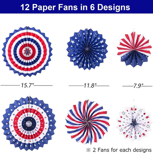4th of July Patriotic Decorations - 12Pcs Hanging Paper Fan for USA Patriotic Decorations Independence Day Memorial Day American Theme Party Veterans Birthday Decor Supplies