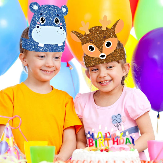 Gersoniel 24 Pcs Animal Birthday Party Hats Animal Headbands Jungle Safari Animal Paper Party Crown for Girls Kids (Jungle Animal)