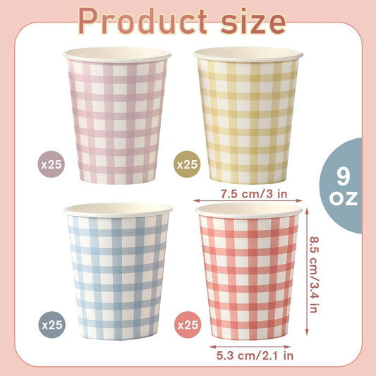 Tioncy 100 Pieces 9 oz Gingham Disposable Paper Cups Drinking Paper Cups Coffee Checkered Birthday Cup Gingham Hot Cold Beverage Drinking Cup for Holiday Picnic Travel Birthday Party, 4 Colors | Gingham, Checkered Cups, Birthday Party, Travel, Picnic
