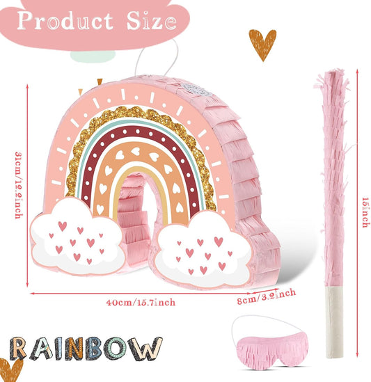 Threan Rainbow Piñata Pink Rainbow Birthday Party Piñata with Bat Stick Blindfold Boho Theme Birthday Baby Shower Toys Games Party Supplies Decor