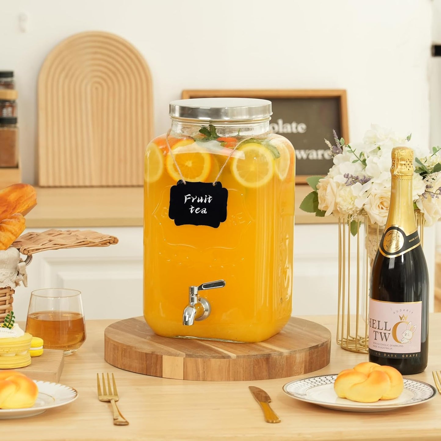 Bululuo Glass Drinks Dispenser for Parties, 2 PACK 1 Gallon Beverage Dispenser with Stand for Juice and Iced Tea, Water Jug Dispenser for Lemonade, Party Essential Beverage Pitcher with Spout