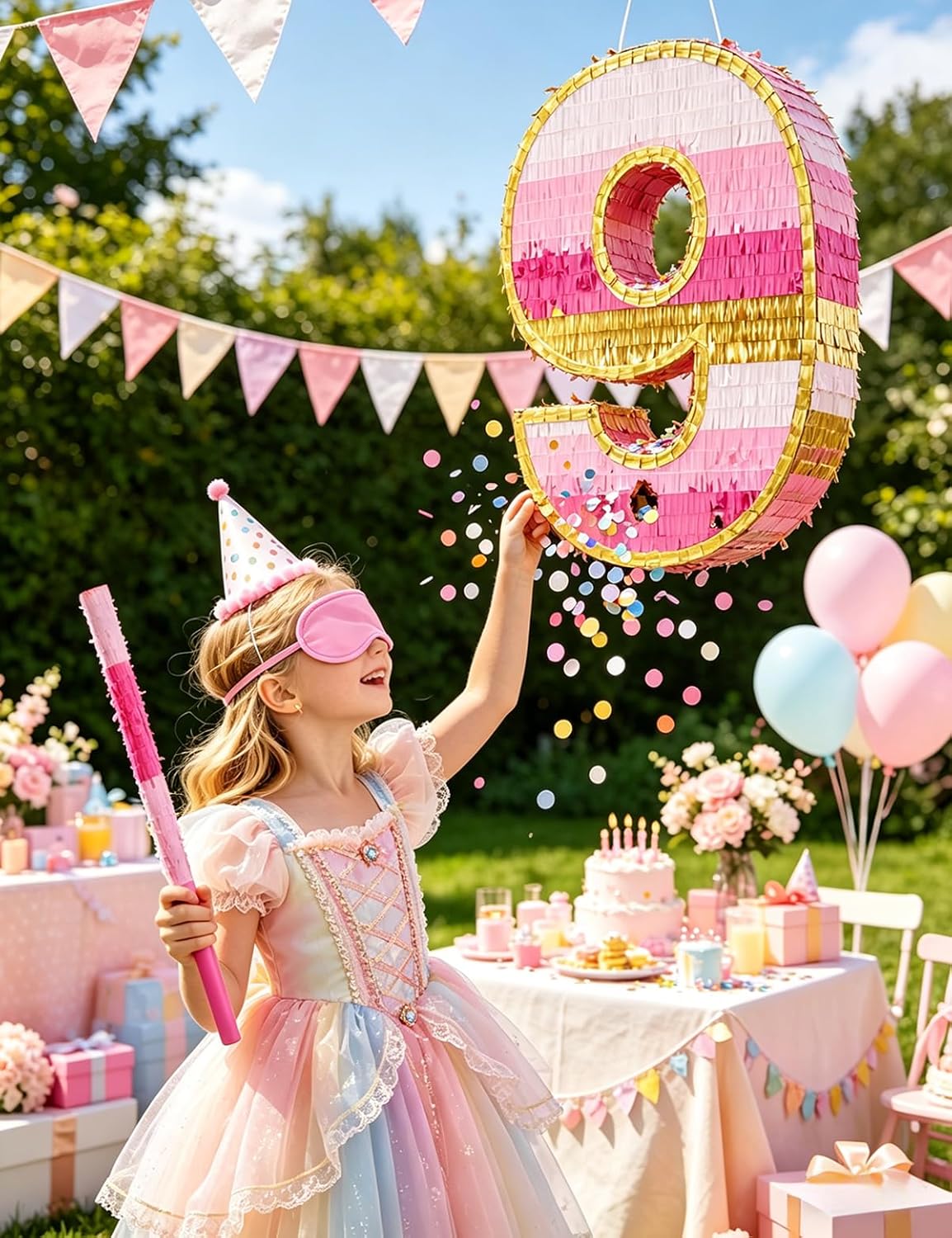 Number 5 Piñata with Stick, Blindfold & Confetti-Pink Piñata for Birthday Parties, Complete Party Game Set for Kids Girls-Gradient Pink Birthday Decor with Fillable Design(Small, 16.5 x 11.5 x 3 In)