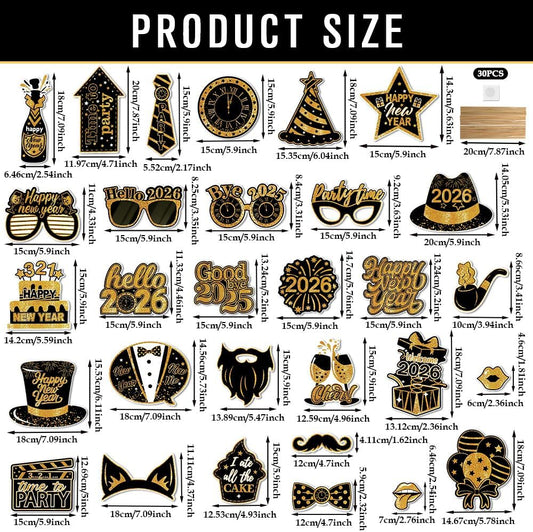30Pcs New Years Eve Party Supplies 2026 Photo Booth Props Set with Frame 2026 Happy New Year Decorations Selfie Frames NYE Decoration for Parties Selfie Props Photography Decorations