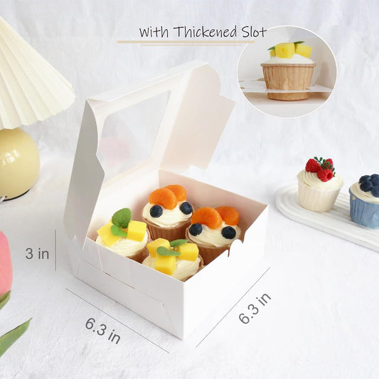 Cupcake Boxes 4 Count with Window, Bakery Boxes, Muffin Containers, Food Grade, Easy Assembly for Cookies, Candies, Mini Cakes and Baked Goods - 6.3x6.3x3, 30 Pack