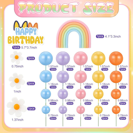 38 Pcs Rainbow Cake Topper with Daisy Balls Cake Topper, Pastel Cupcake Toppers Cake Decorations for Birthday Wedding Party Supplies