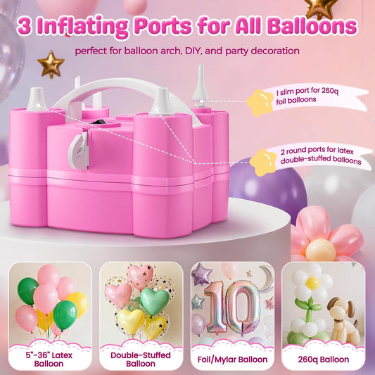 Keaibuding Electric Balloon Pump, 4-in-1 Balloon Blower with Triple Inflating Ports for All Balloons, Air Pump for Sports Balls, Inflator& Deflator for Inflatables (Dust-Proof Storage Bag Included)