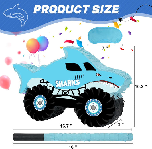 Shark Truck Pinata - Monster Truck Pinata with Blindfold and Bat for Kids Shark Monster Truck Theme Birthday Party Game Decorations (Small Size 16.7”x10.2”x3”)
