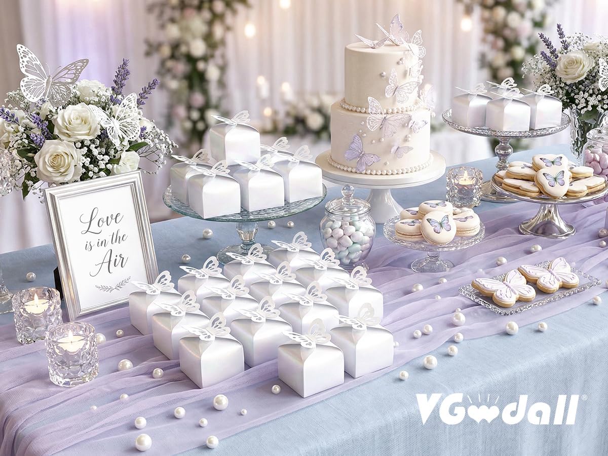 VGOODALL 50PCS Party Favor Boxes, 2.4" x 2.4" x 1.8" 3D Butterfly Candy Boxes White Baby Shower Favors for Wedding Birthday Party Gift