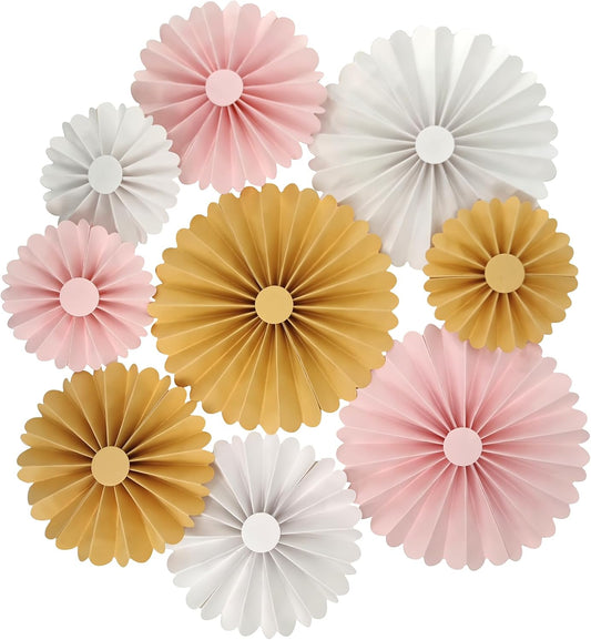 Paper Fans for Party Backdrop Decoration Paper Decoration for Birthday Wedding Pack of 9 (Blush/White/tan)