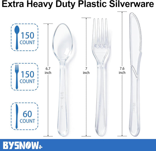 BYSNOW 360 Count Extra Heavy Duty Plastic Silverware, BPA-Free, Heat Resistant, Disposable Clear Plastic Utensils Set, Plastic Cutlery Set, Plasticware Bulk for Parties, Events and Everyday Use